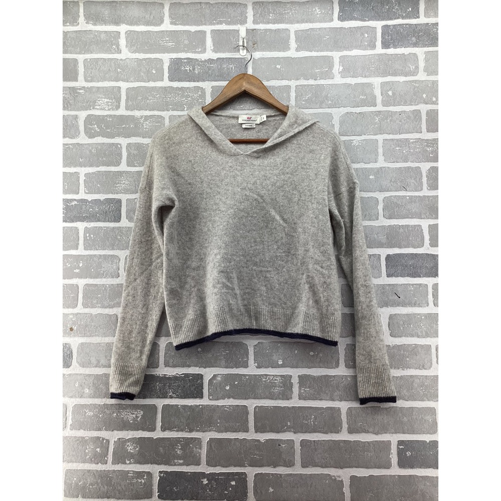 Vineyard Vines Womens XS Cashmere Hoodie Sweater Heather Gray Navy Trim Hooded